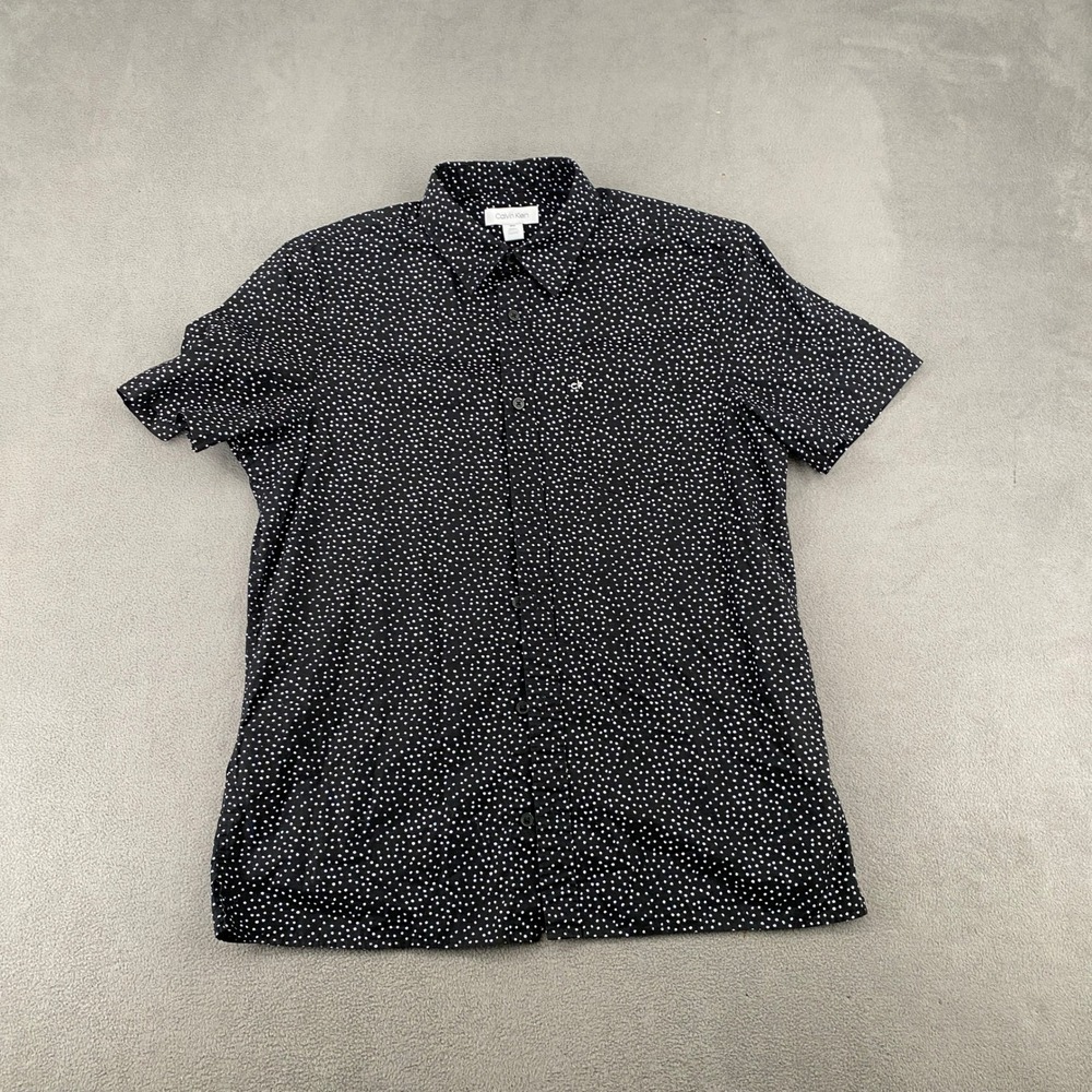 Calvin Klein Mens Black Micro Dot Short Sleeve Button Down Shirt Size M Cotton